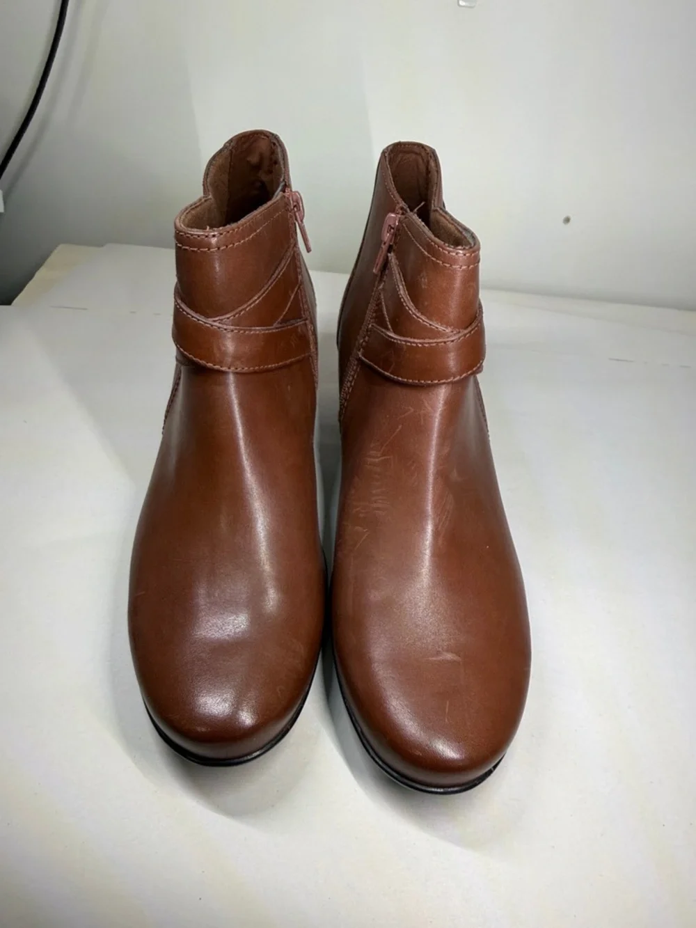 Women's Brown Leather Ankle Boots with Buckle Detail‎